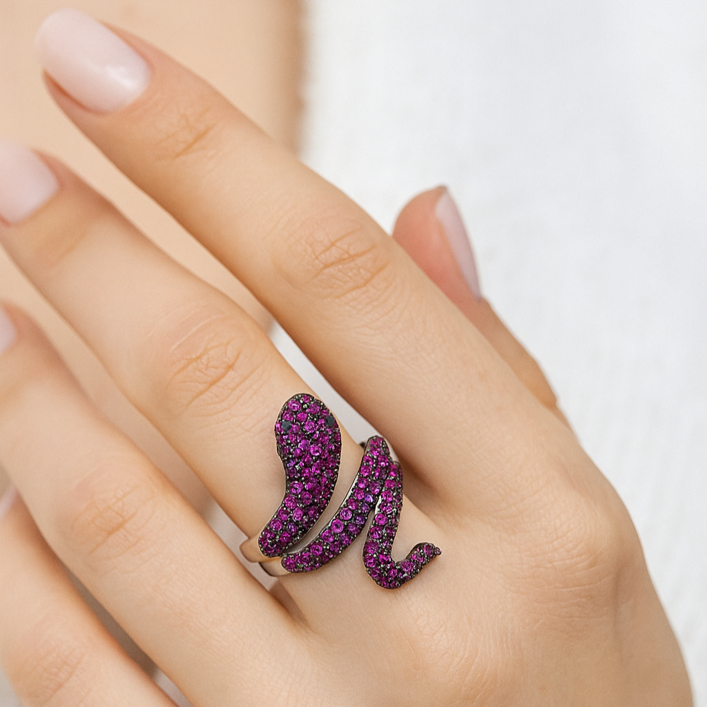 Bold Sterling Silver Snake Ring with Fuchsia CZ Stones