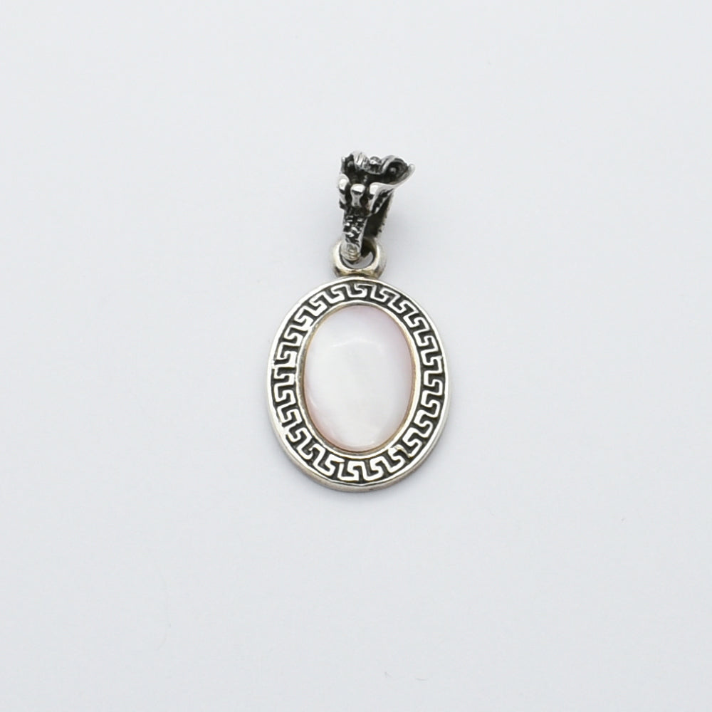 Sterling Silver Oval Pendant With Mother Of Pearl Stone And A Tiger Buckle On The Top.
