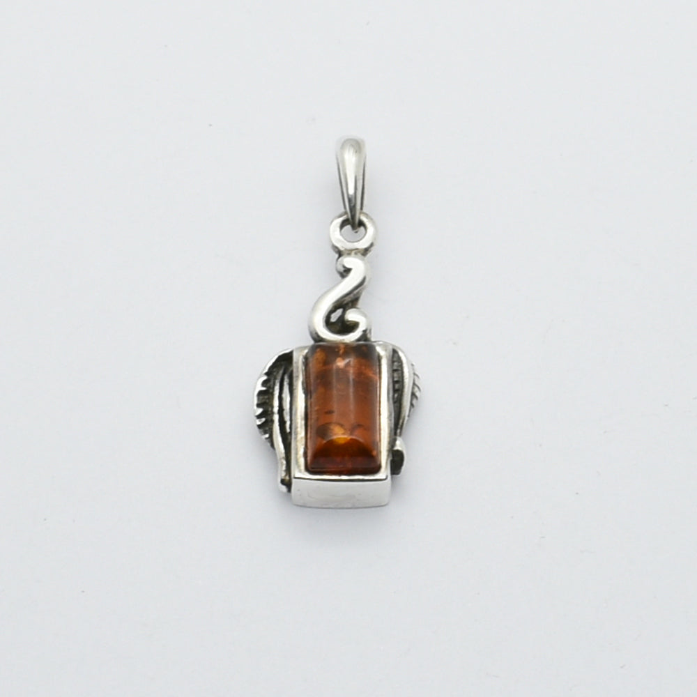 Vintage Silver Rectangle Pendant With Amber Stone.
