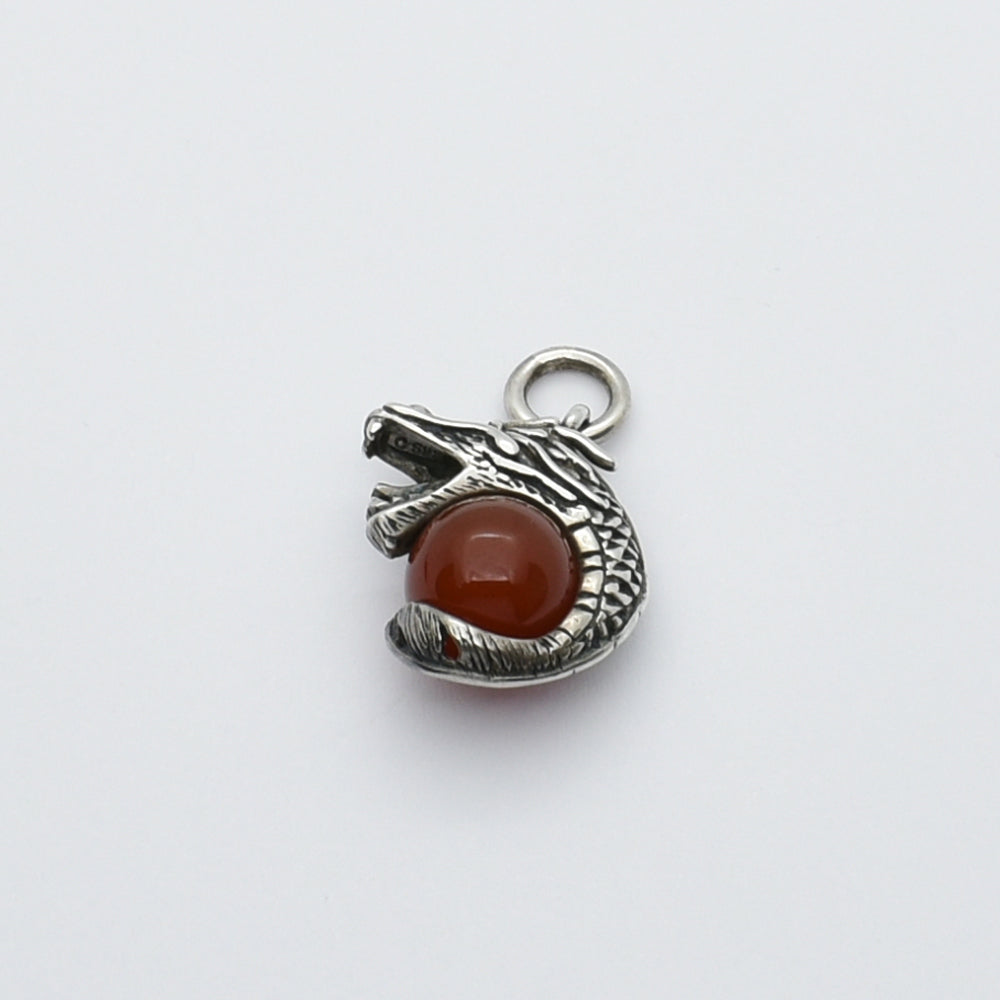 Vintage Silver Dragon Clutching Carnelian / Onyx Sphere Pendant
