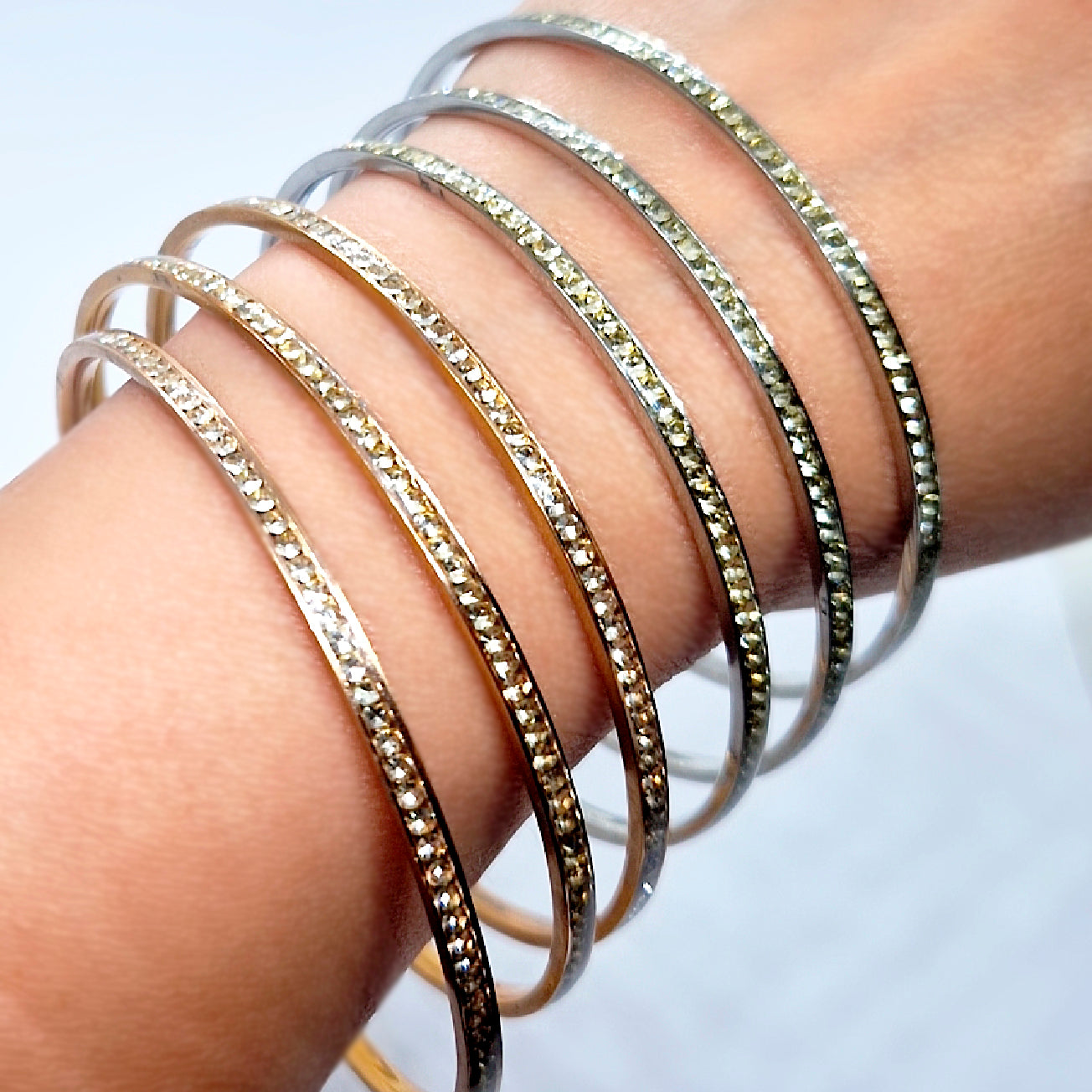 Gold-Plated Stainless Steel Bangle Bracelet with Crystals