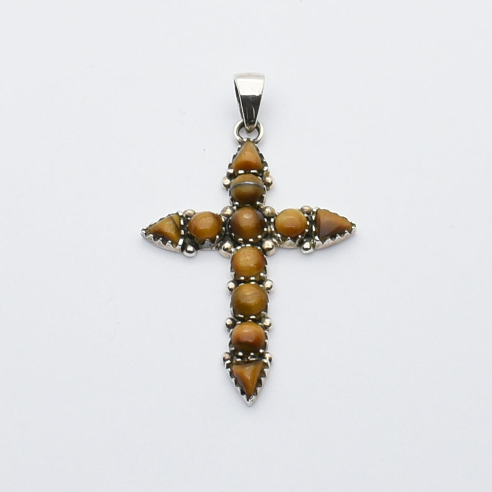 Vintage Silver Cross Pendant with Tiger’s Eye Gemstones