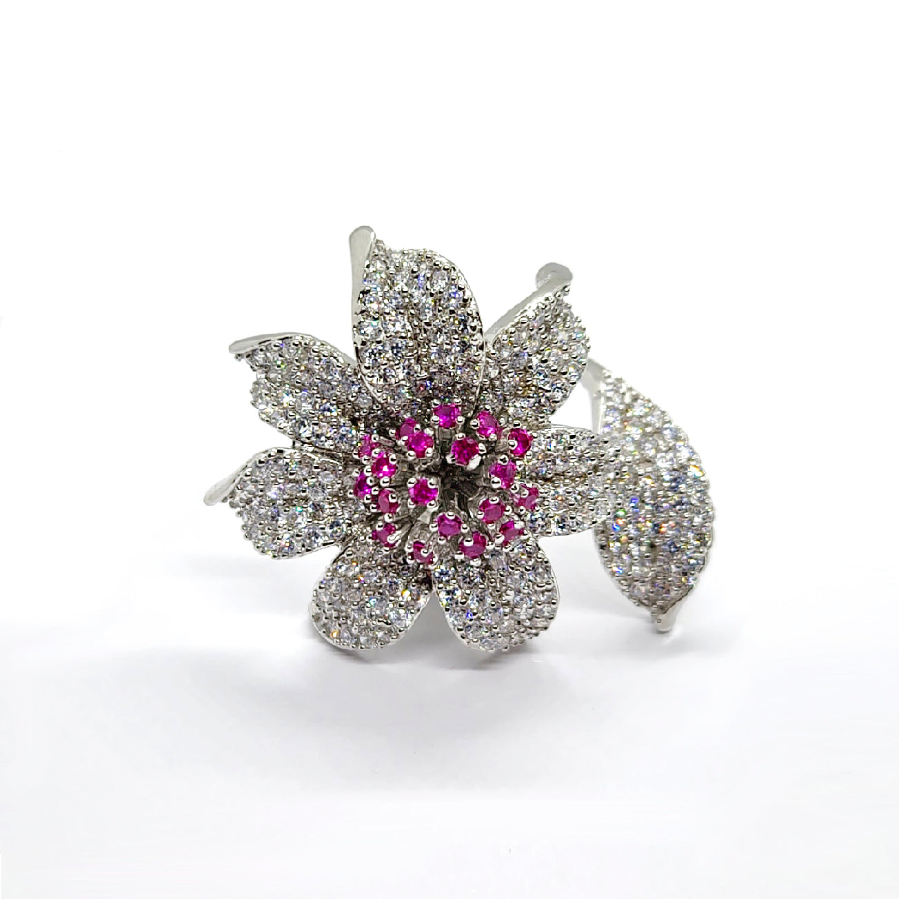 Bold Blossom Sterling Silver Ring with Fuchsia & White CZ | Statement Flower Ring