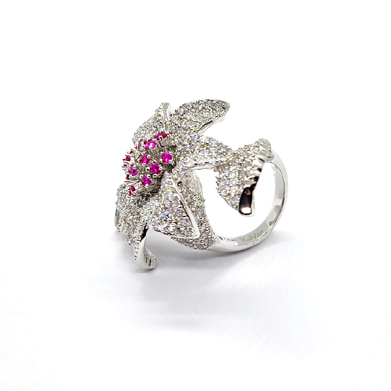 Bold Blossom Sterling Silver Ring with Fuchsia & White CZ | Statement Flower Ring