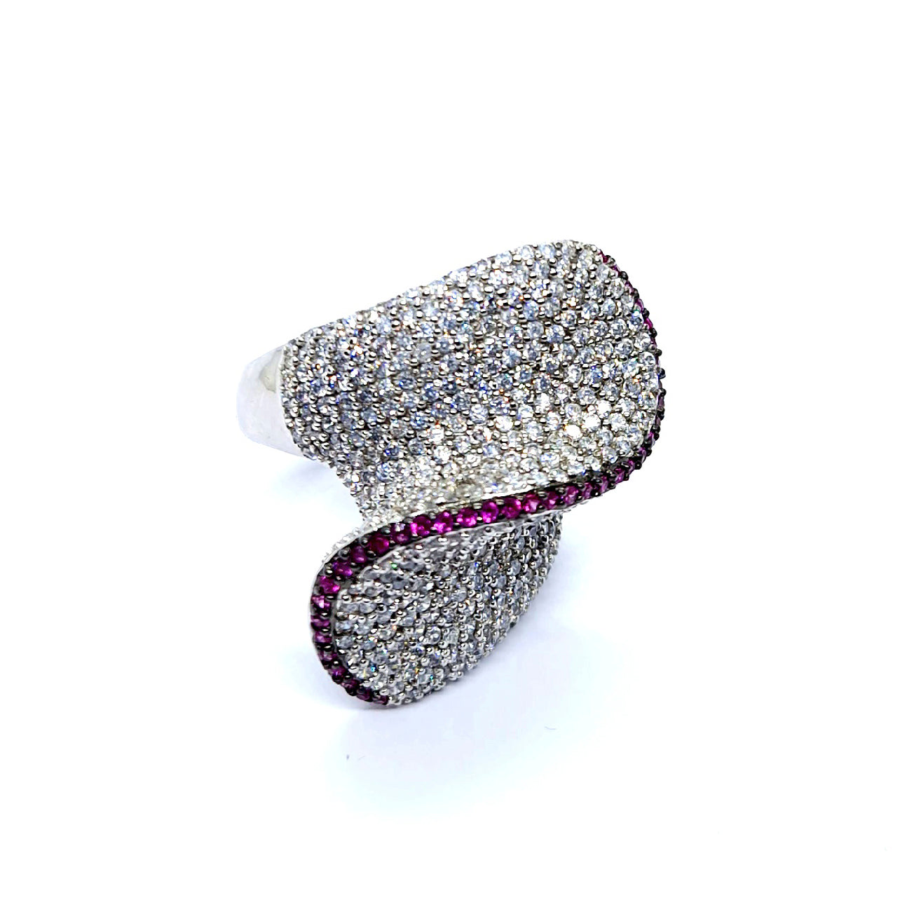 Elegant Sterling Silver Wave Ring with White and Purple CZ Stones