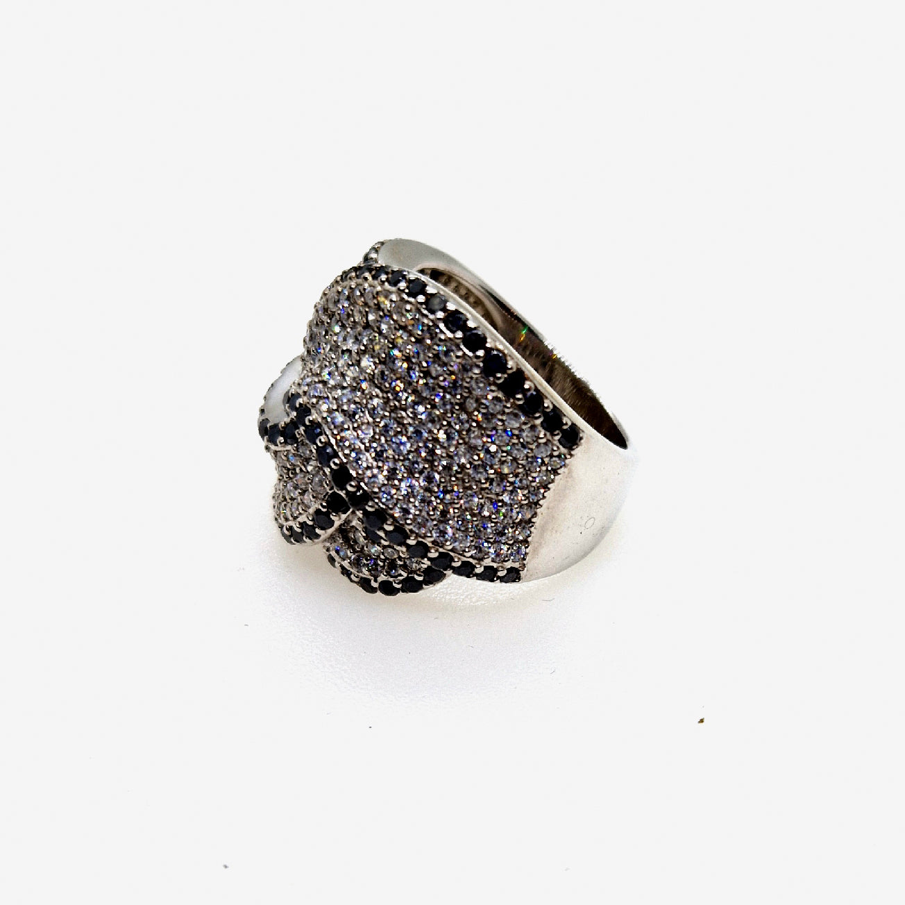 Intricate Knot Ring: Black & White CZ Sparkle in Sterling Silver