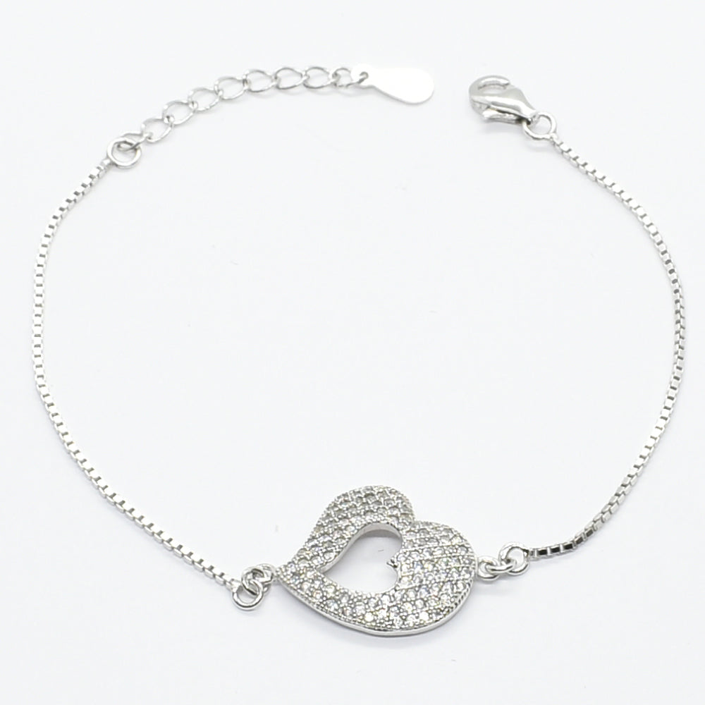 Sterling Silver Pave Heart Bracelet – Elegant & Romantic.