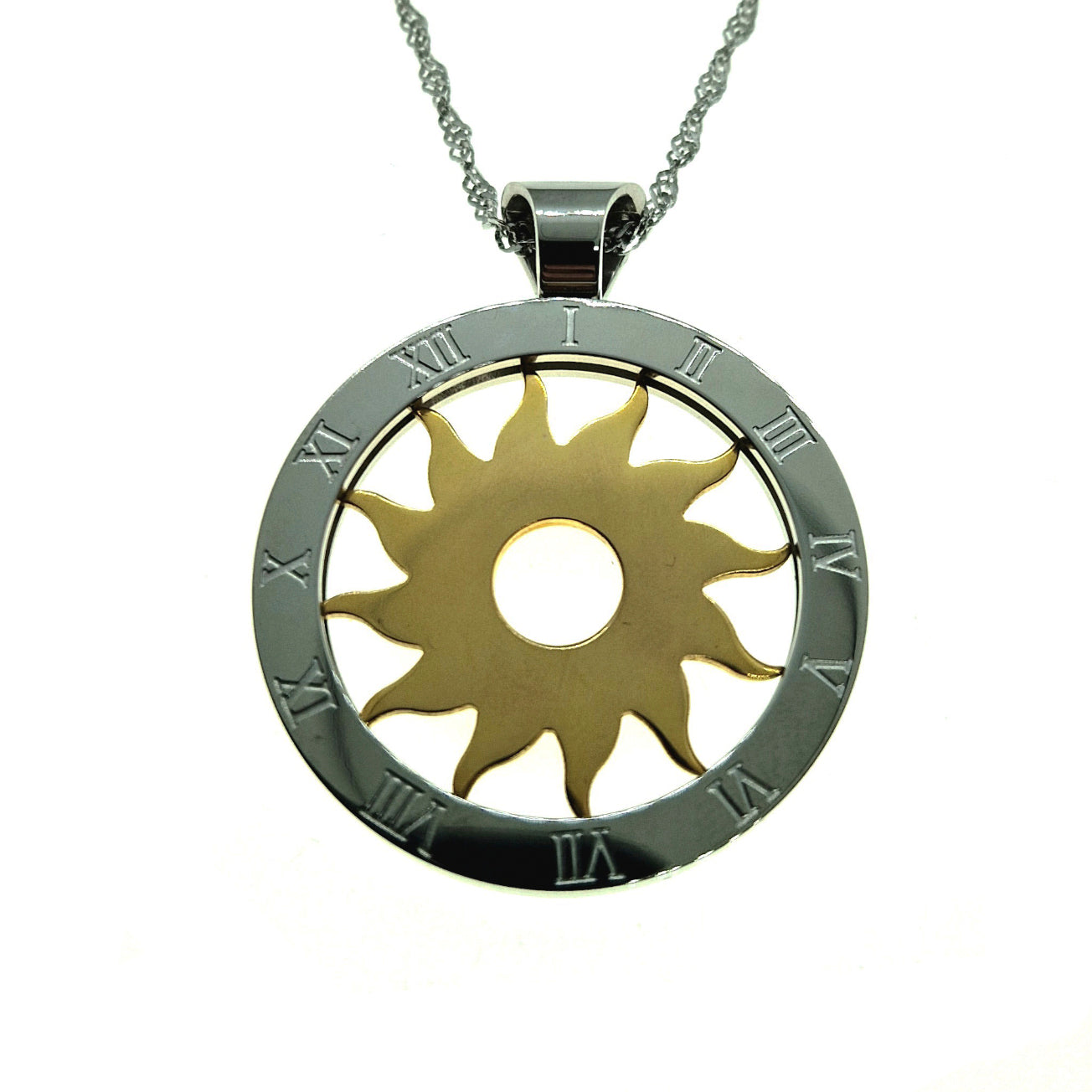 Sunburst Roman Numeral Stainless Steel Pendant