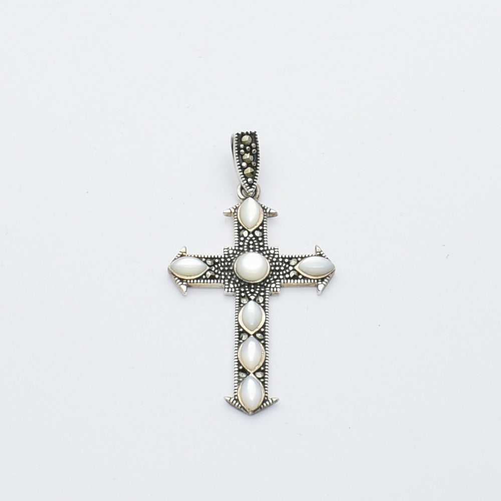 Elegant Vintage Silver Cross Pendant with Mother-of-Pearl & Marcasite.