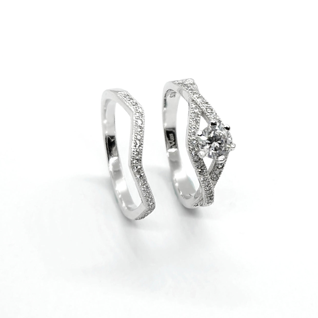 Modern Sterling Silver Interlocking Twin Ring Set with Cubic Zirconia