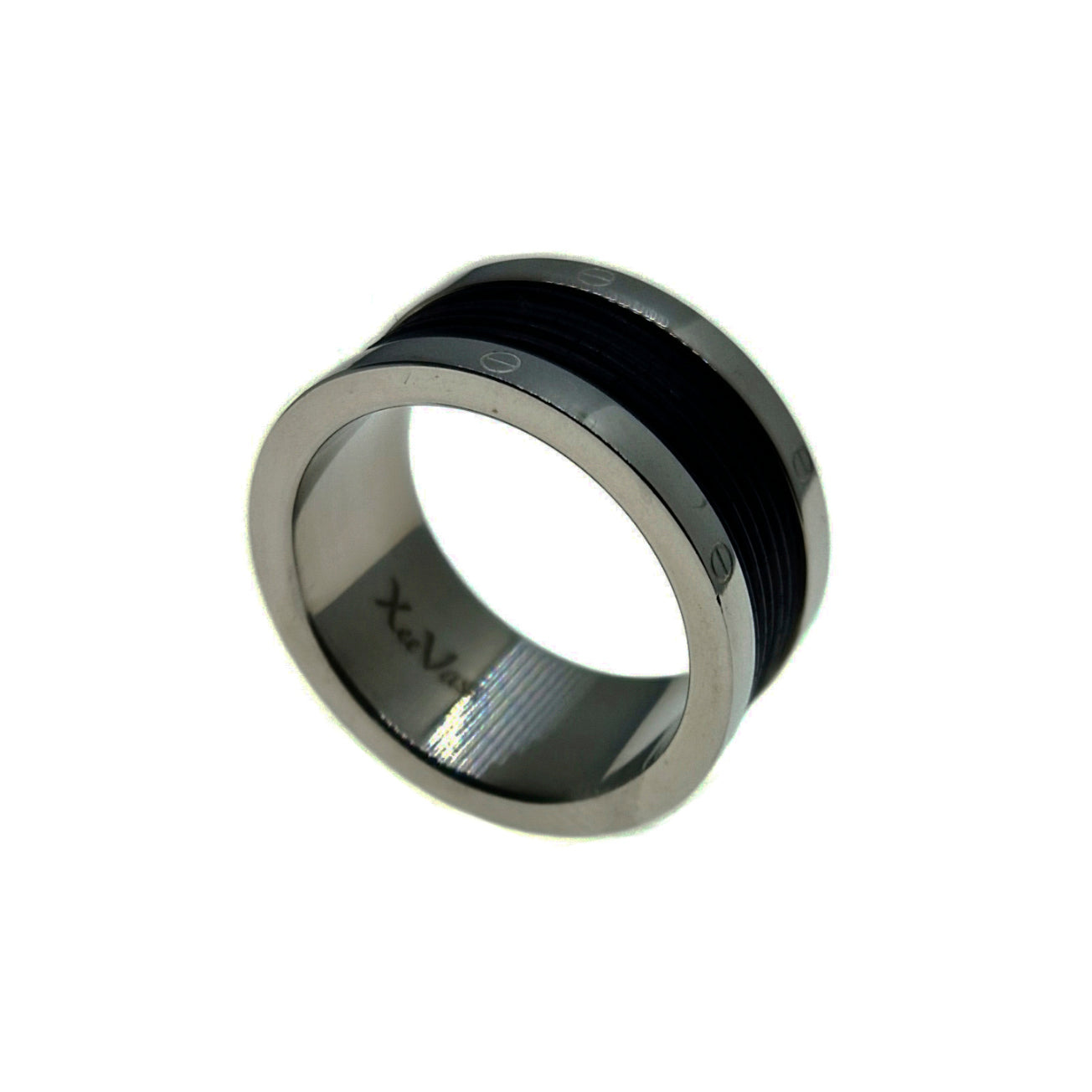 Men's Stainless Steel Ring with Black Rubber & Screw Accents