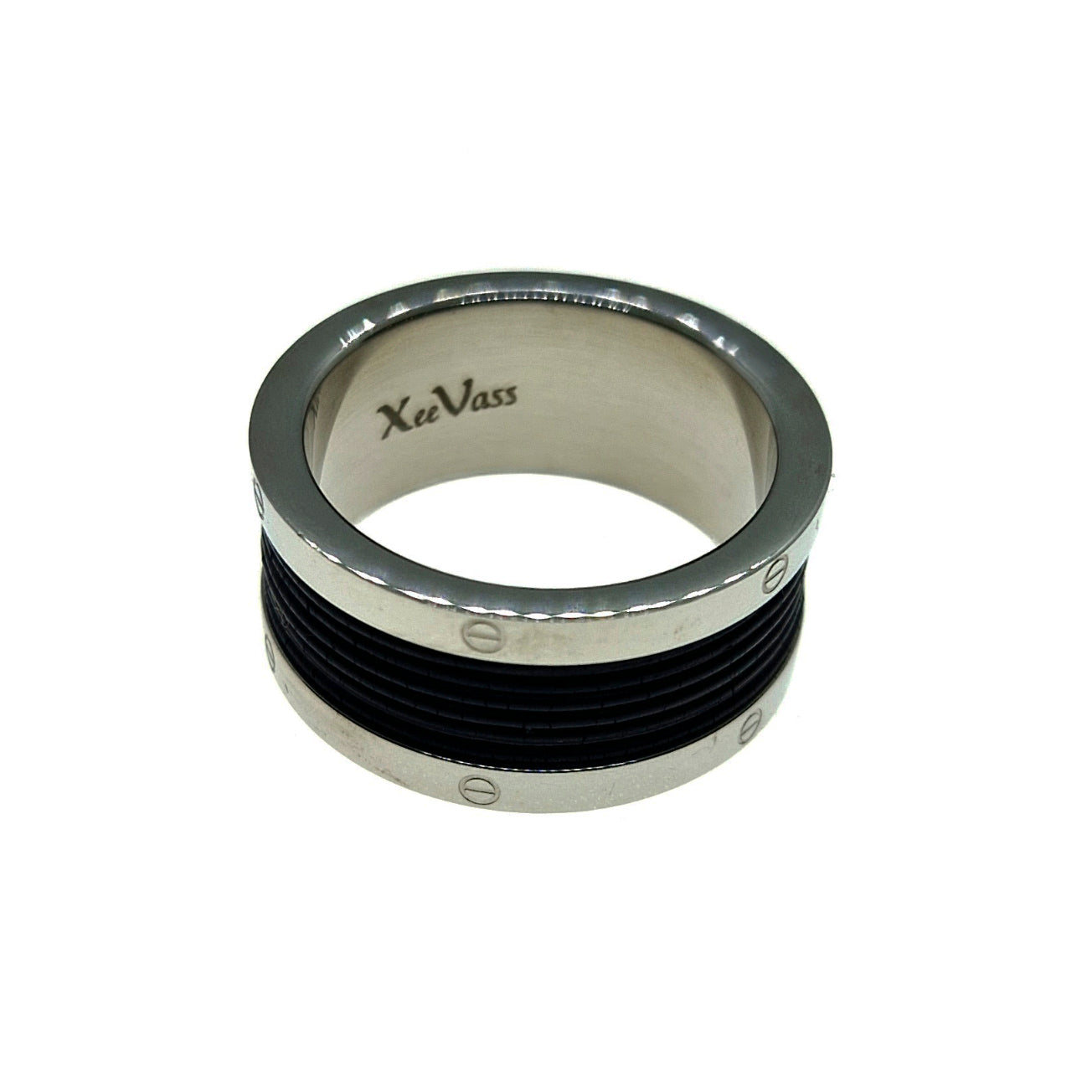 Men's Stainless Steel Ring with Black Rubber & Screw Accents