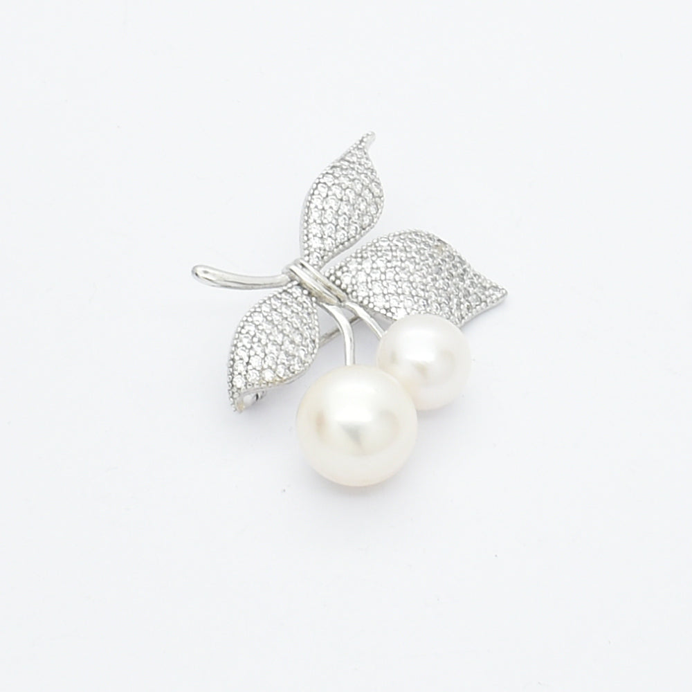 Dazzling Pearl & Zircon Leaf Brooch & Pendant - Sterling Silver Elegance.