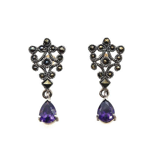 Vintage Silver Earrings With Marcasite & Amethyst Drop.