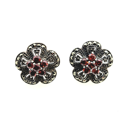 Vintage Silver Flower Earrings With Garnet and Marcasite Stones.