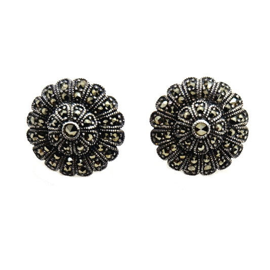Exquisite Vintage Silver Marcasite Floral Stud Earrings.