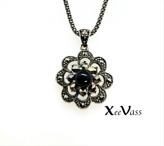 Vintage Flower Silver Pendant With Marcasite And Black Onyx Stones.