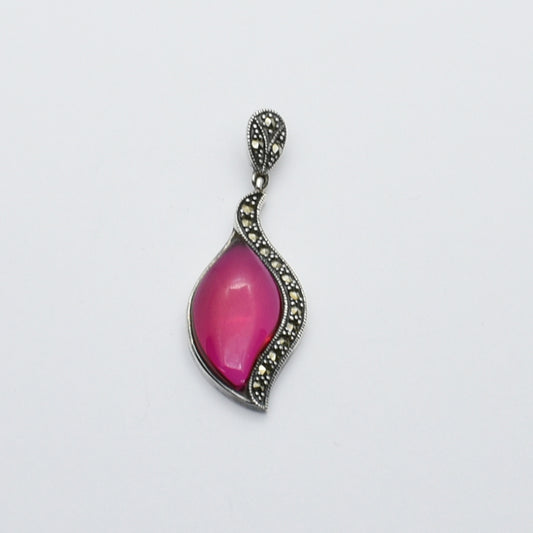 Vintage Silver Drop Pendant With Cabochon Fuchsia Garnet And Marcasite Stones.