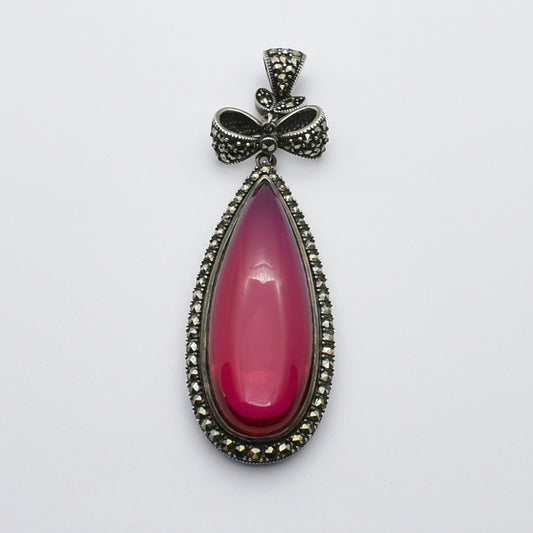 Vintage Silver Drop Pendant With Cabochon Fuchsia Garnet And Marcasite Stones.