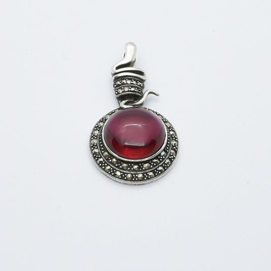 Vintage Silver Pendant With Cabochon Fuchsia Garnet And Marcasite Stones.