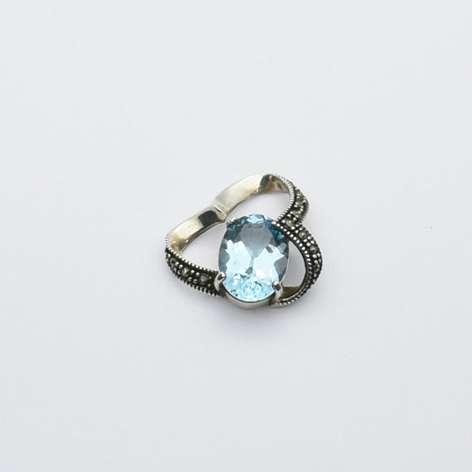 Vintage Silver Pendant With Oval Aquamarine And Marcasite Stones.