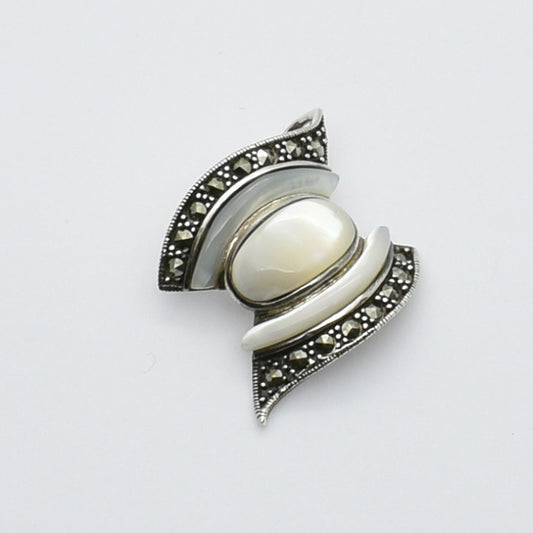 Vintage Silver Bow Pendant With Mother Of Pearl And Marcasite Stones.