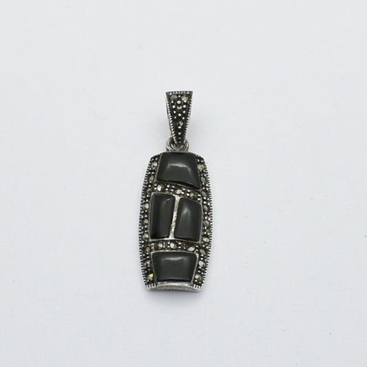 Vintage Silver Pendant With Black Onyx And Marcasite Stones.