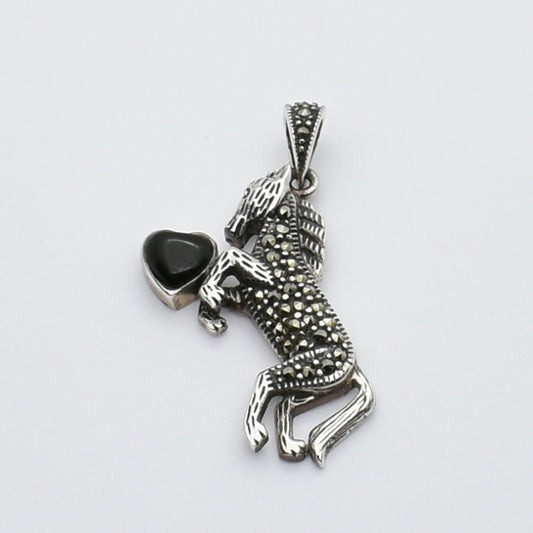 Vintage Silver Horse Pendant With Black Onyx Heart And Marcasite Stones.
