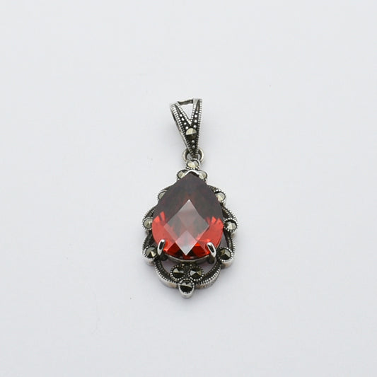 Vintage Silver Drop Pendant With Garnet And Marcasite Stones.