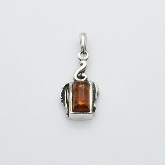 Vintage Silver Rectangle Pendant With Amber Stone.