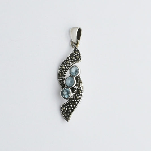 Vintage Silver Wavy Pendant With Aquamarine And Marcasite Stones.