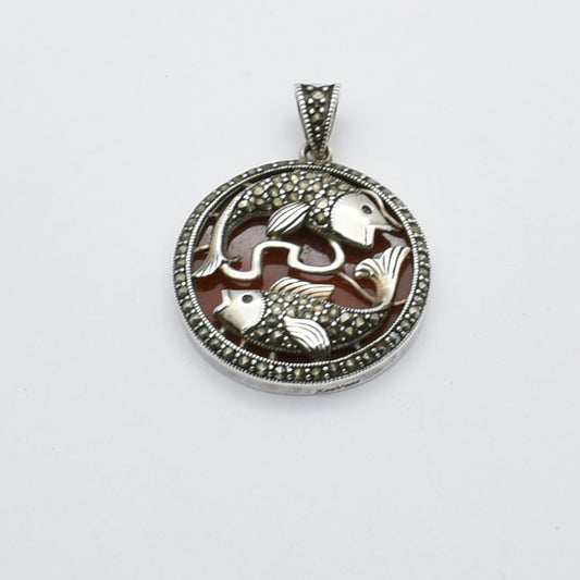 Vintage Silver Marcasite Fish Pendant with Red Agate