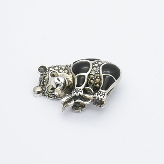 Vintage Silver Panda Brooch With Black Onyx And Marcasite Stones.