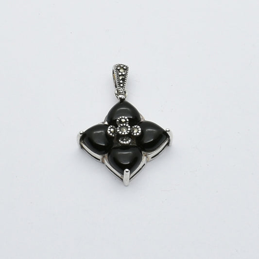 Elegant Vintage Silver Pendant with Polished Black Onyx and Sparkling Marcasite