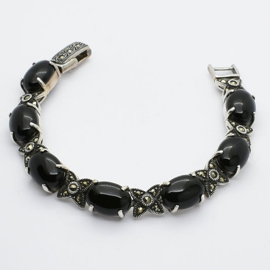 Vintage Silver Bracelet With Cabochon Black Onyx And Marcasite Stones.