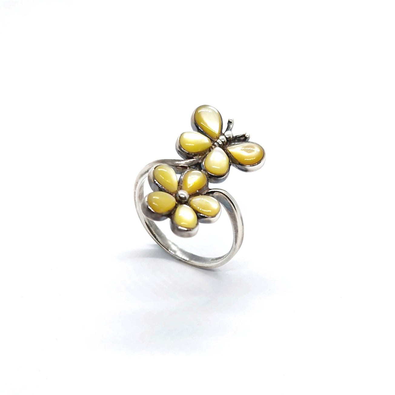 Butterfly Bloom: Sterling Silver Mother-of-Pearl Flower Ring (Multiple Color Options)