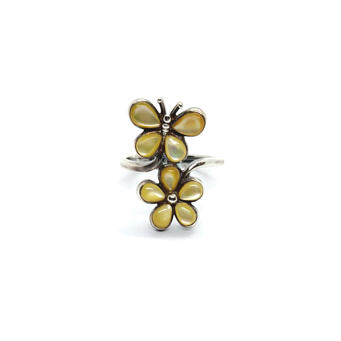 Butterfly Bloom: Sterling Silver Mother-of-Pearl Flower Ring (Multiple Color Options)