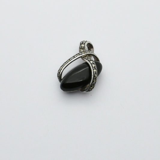 Vintage Silver Black Onyx & Marcasite Teardrop Pendant