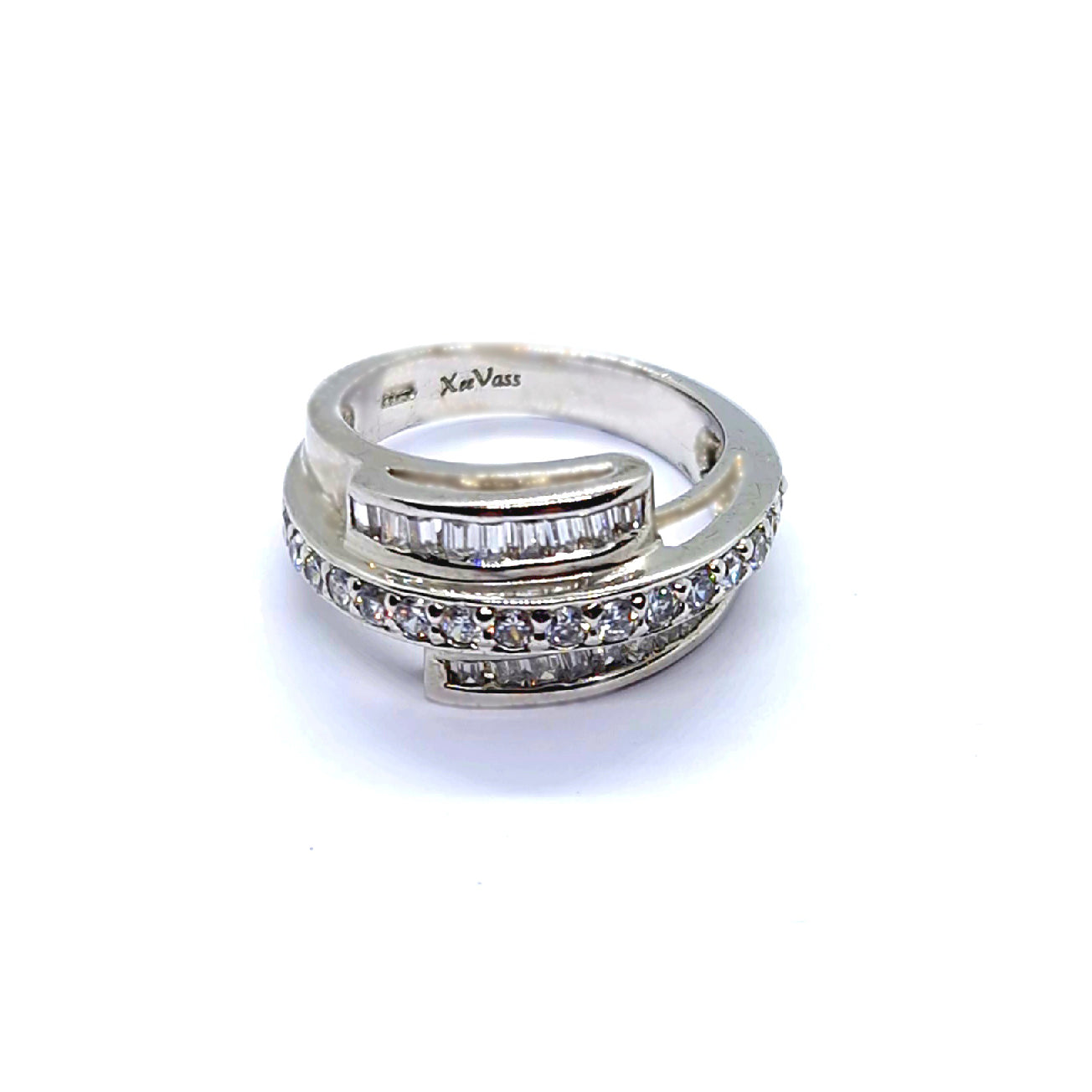 Bypass Brilliance: Sterling Silver Ring With Cubic Zirconia Stones.