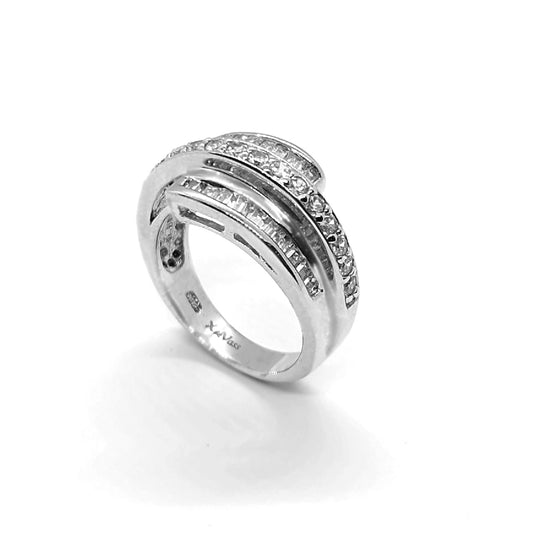 Bypass Brilliance: Sterling Silver Ring With Cubic Zirconia Stones.