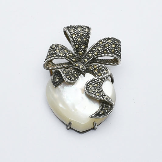 Bow Vintage Silver Pendant With Luminous Pearl Heart & Sparkling Marcasite.