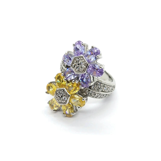 Elegant Dual-Flower Sterling Silver Ring with Gemstone Petals