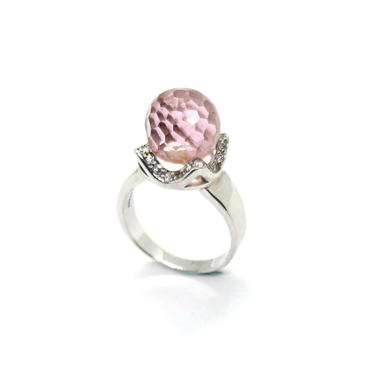 Sterling Silver Ring with Spherical Pink Rose Quartz Gemstone