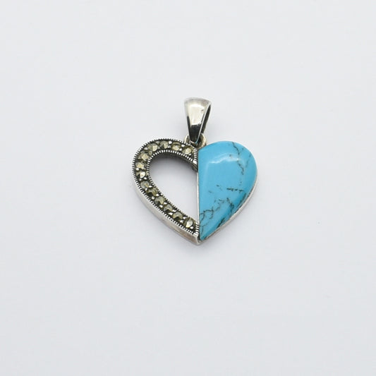 Turquoise & Marcasite Heart Pendant in Vintage Silver.
