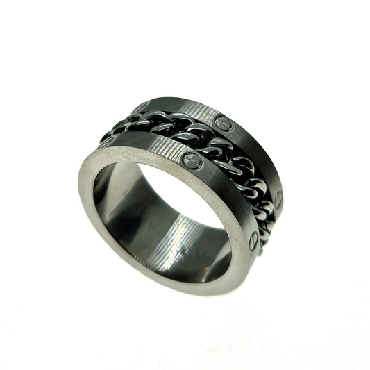 Men's Stainless Steel Chain Link Ring with Screw Accents