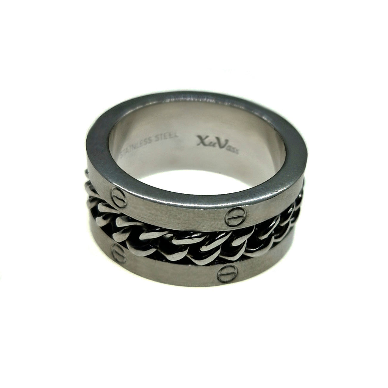 Men's Stainless Steel Chain Link Ring with Screw Accents