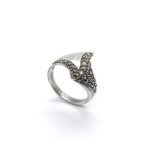 Vintage Silver Marcasite Crescent Ring - Statement Piece