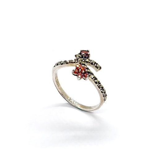 Vintage Silver Garnet & Marcasite Swirl Ring - Red Gemstone Accents