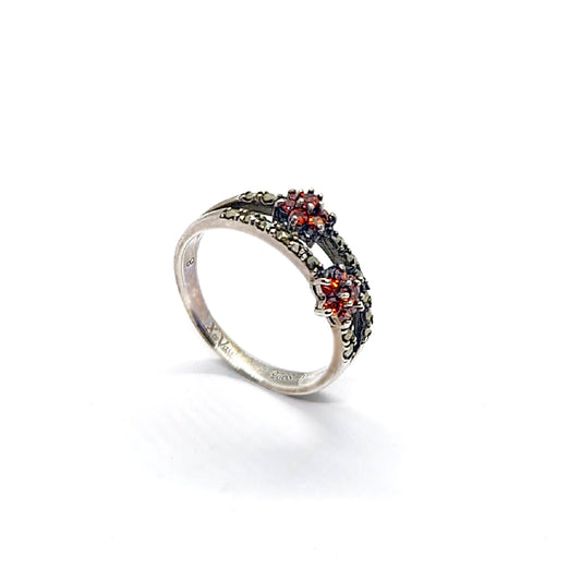 Vintage Silver Garnet & Marcasite Twin Flower Ring - Split Shank Design