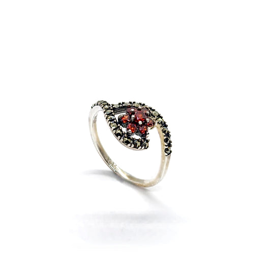 Vintage Silver Garnet & Marcasite Swirl Ring - Floral Cluster Center